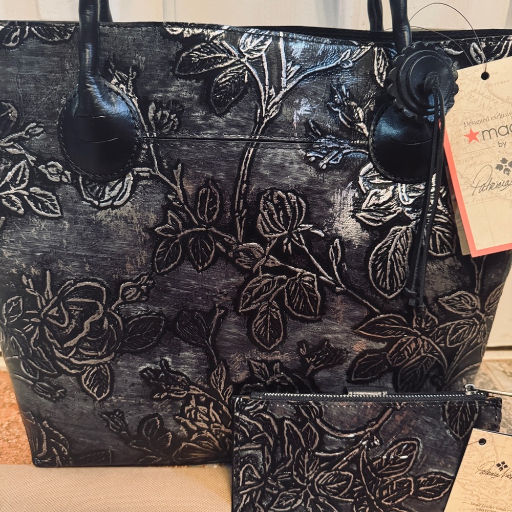 NWT! Elegant Patricia Nash Eastleigh Blackw/Silver Leaf Embossed Leather Tote! - Picture 4 of 15